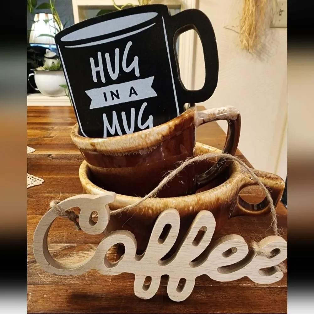 VINTAGE 2 Mugs Brown Drip Pottery & 2 Signs!  Perfect gift!